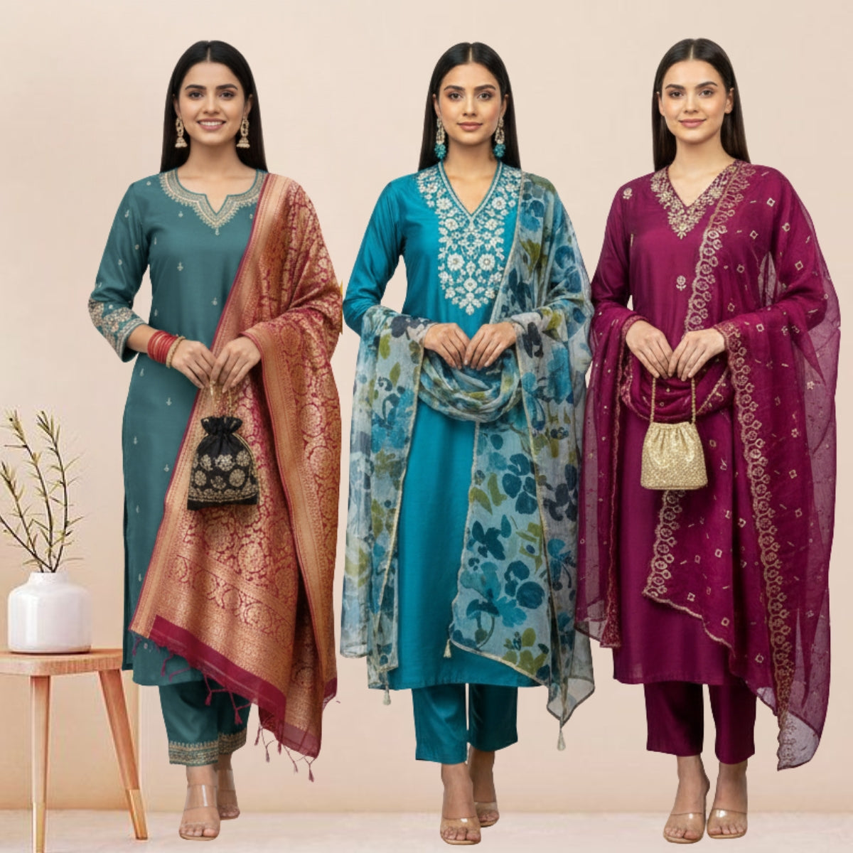 3 Cotton Kurtis with Pant & Dupatta |C-03