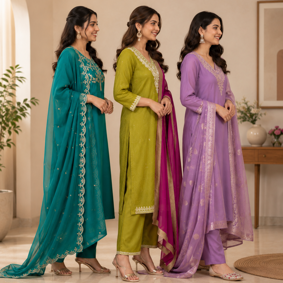 3 Printed Kurta Sets With Dupatta ( P3 )