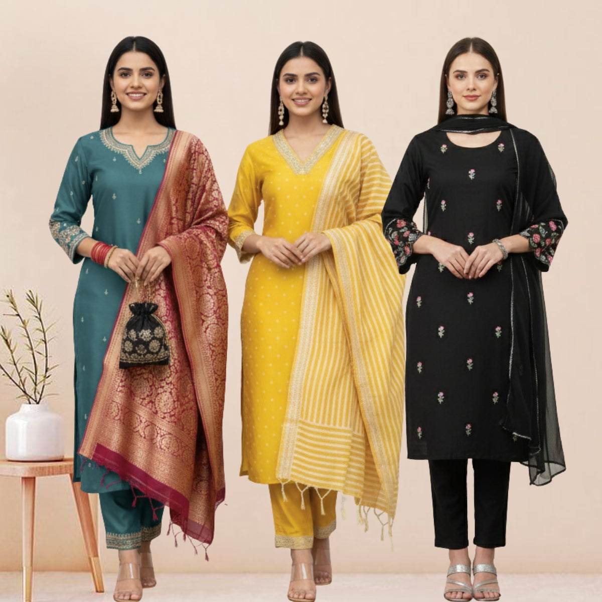 3 Cotton Kurtis with Pant & Dupatta |C-05