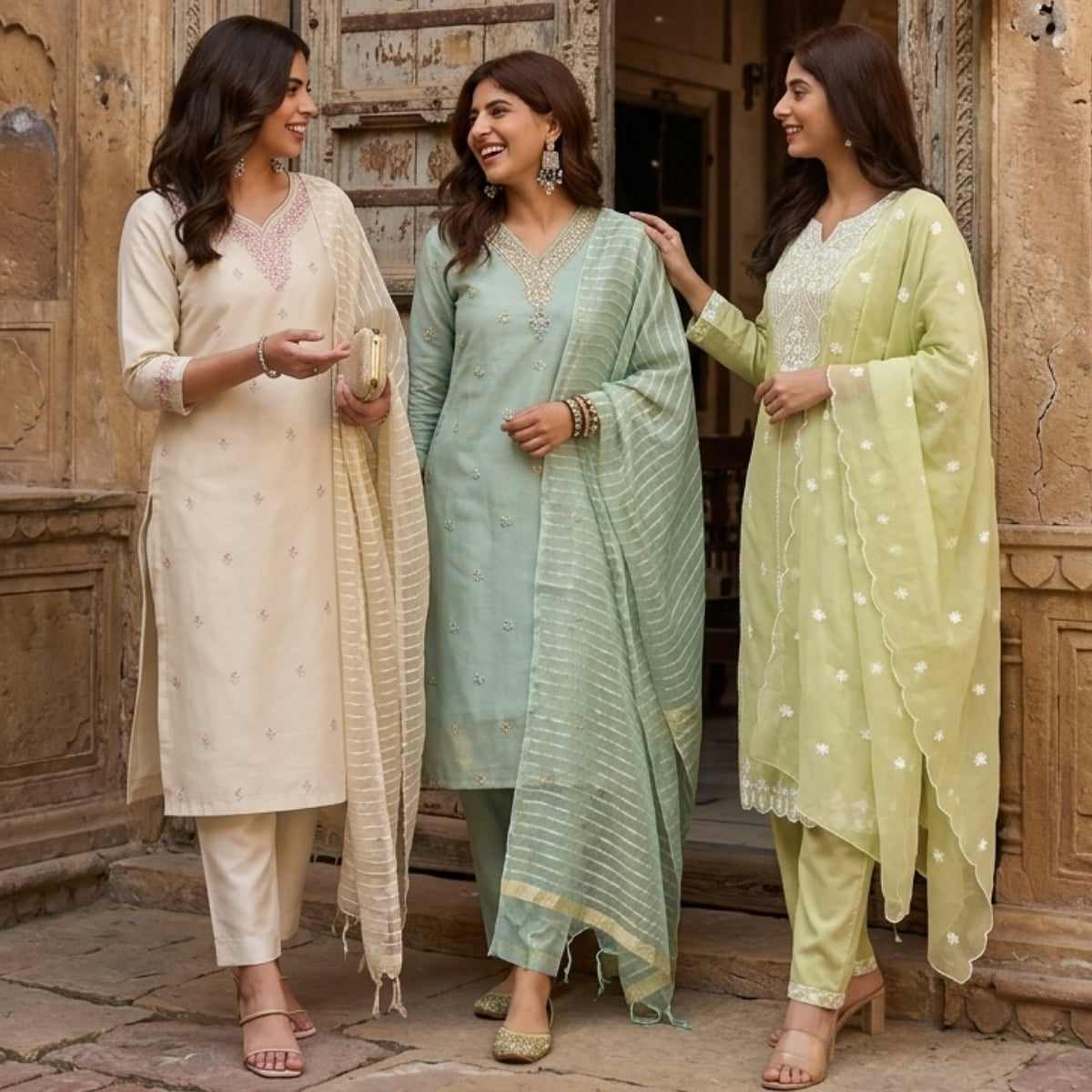 3 Pack Of Printed Cotton Kurta Set With Dupatta (VP-28)