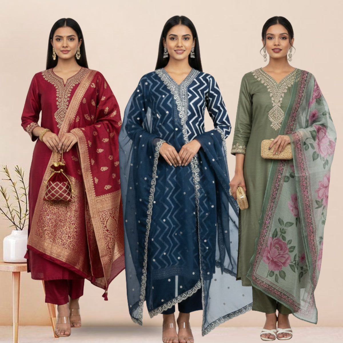3 Cotton Kurtis with Pant & Dupatta |C-01