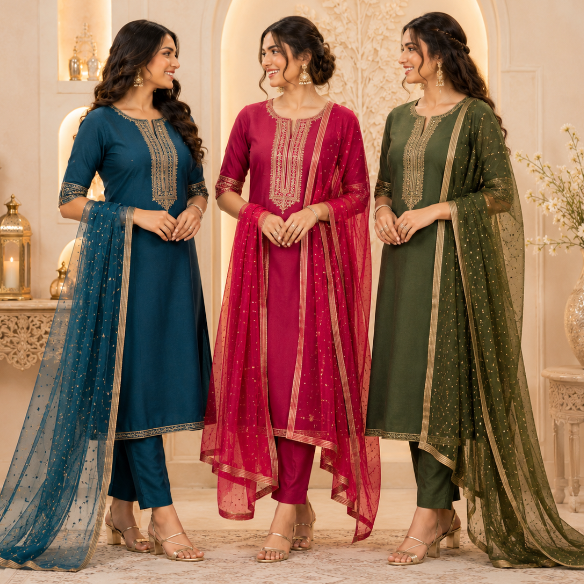 3 Kurta Set With Dupatta - Perfect For Every Occasion ( D-1 )