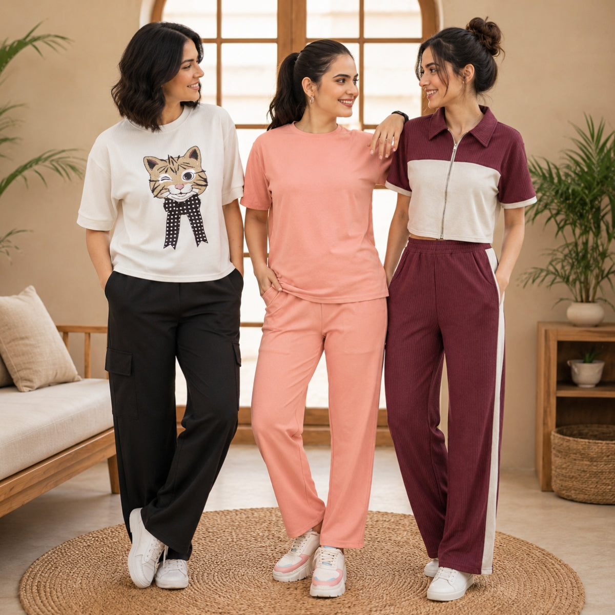Pack of 3  Women Cotton T-Shirt Trouser Set (T-6)
