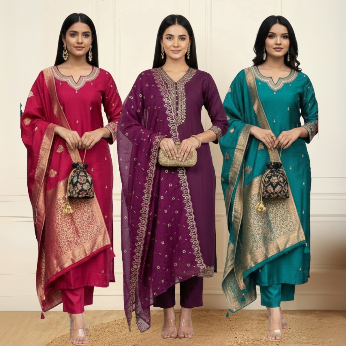 3 Cotton Kurtis with Pant & Dupatta | C-08