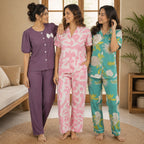 Pack of 3  Women Cotton T-Shirt Trouser Set (T-7)