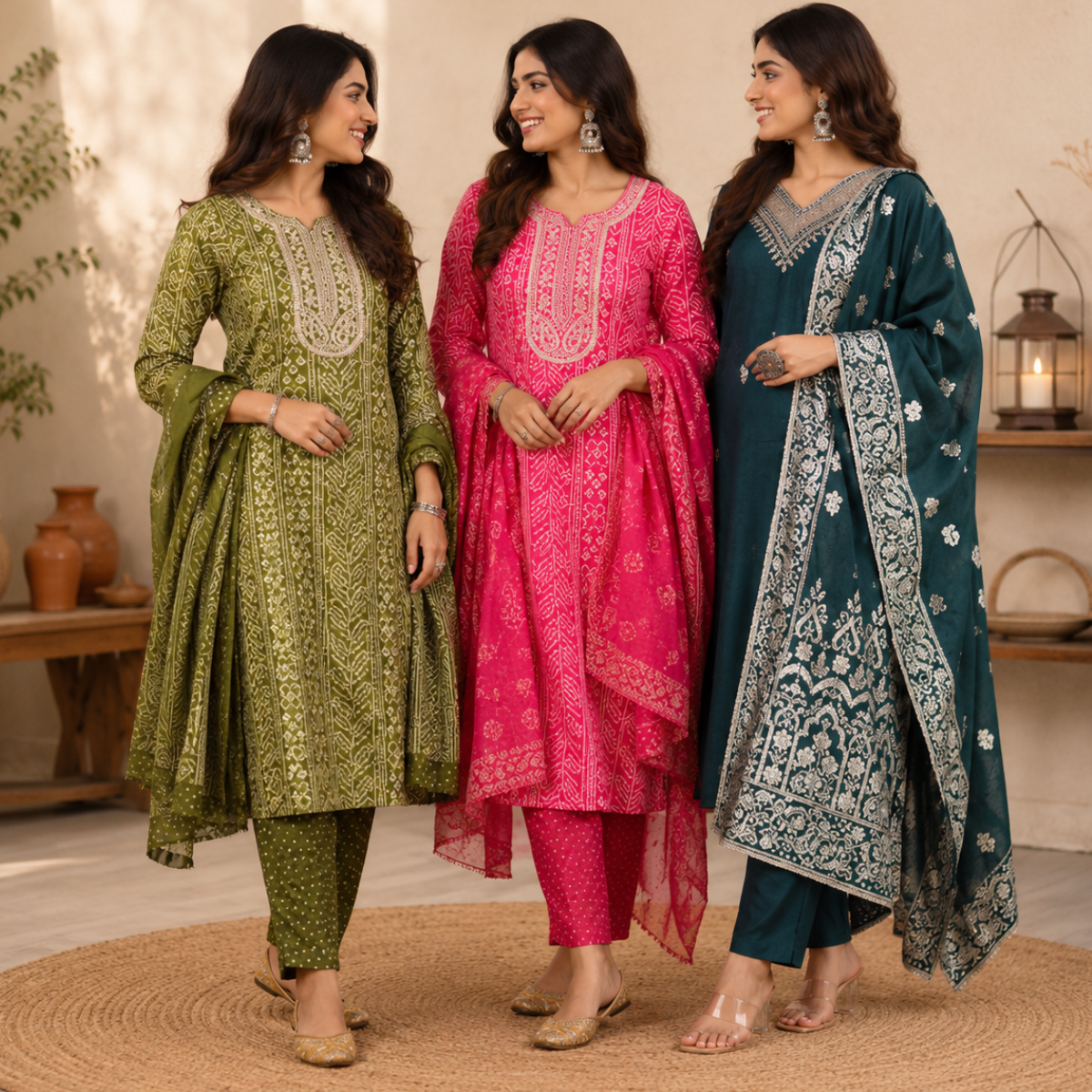 3 Printed Kurta Sets With Dupatta ( P10 )