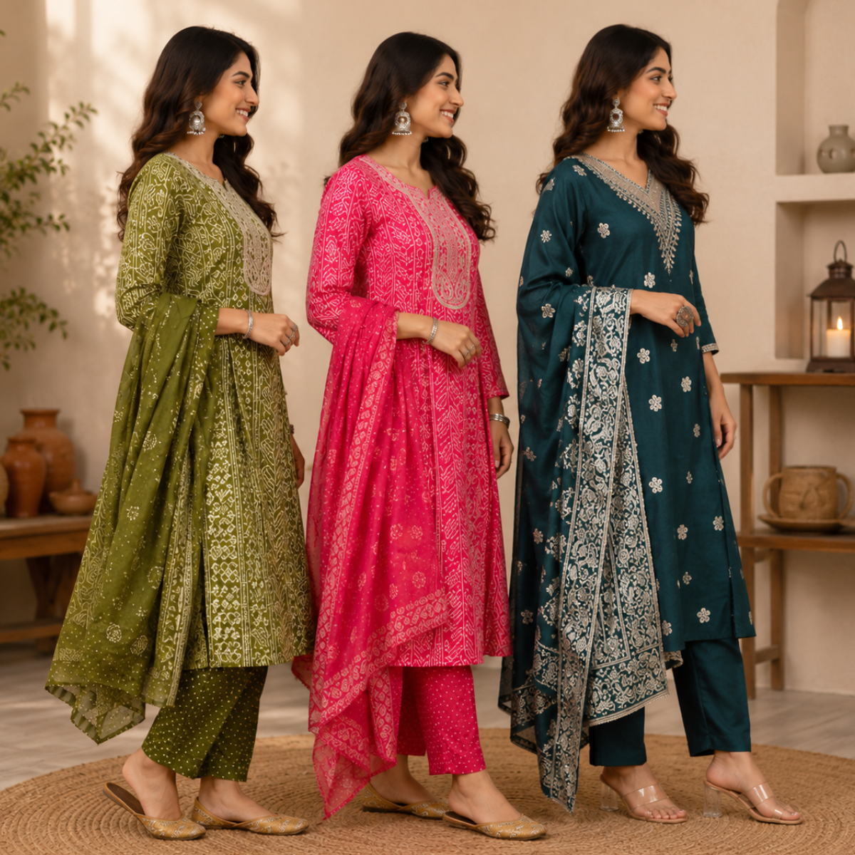 3 Printed Kurta Sets With Dupatta ( P10 )