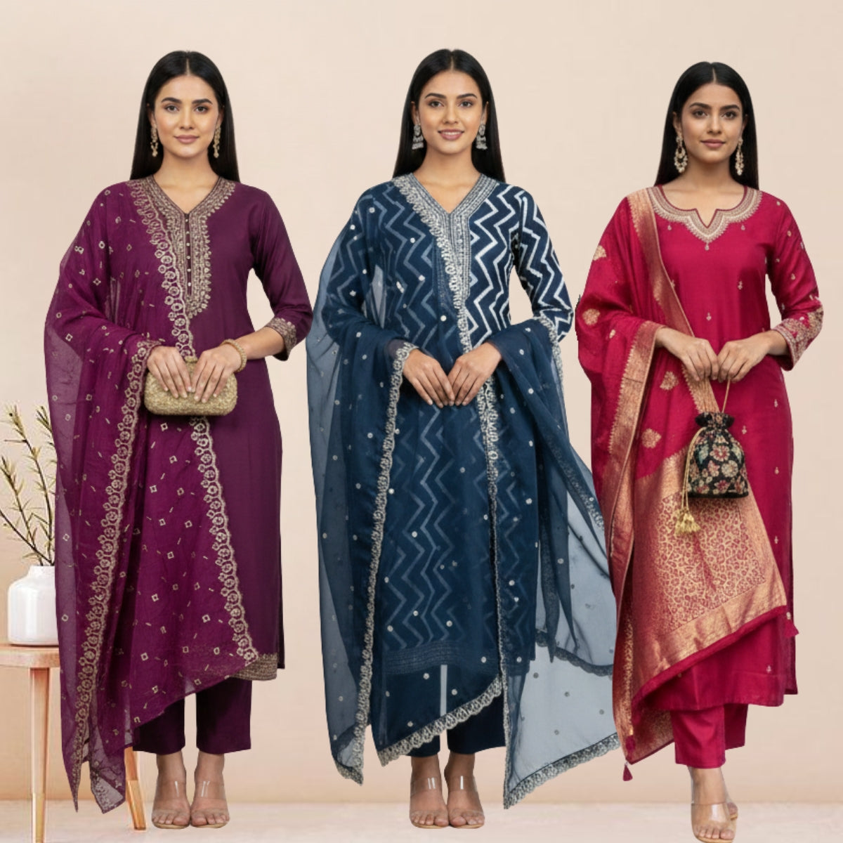 3 Cotton Kurtis with Pant & Dupatta |C-07