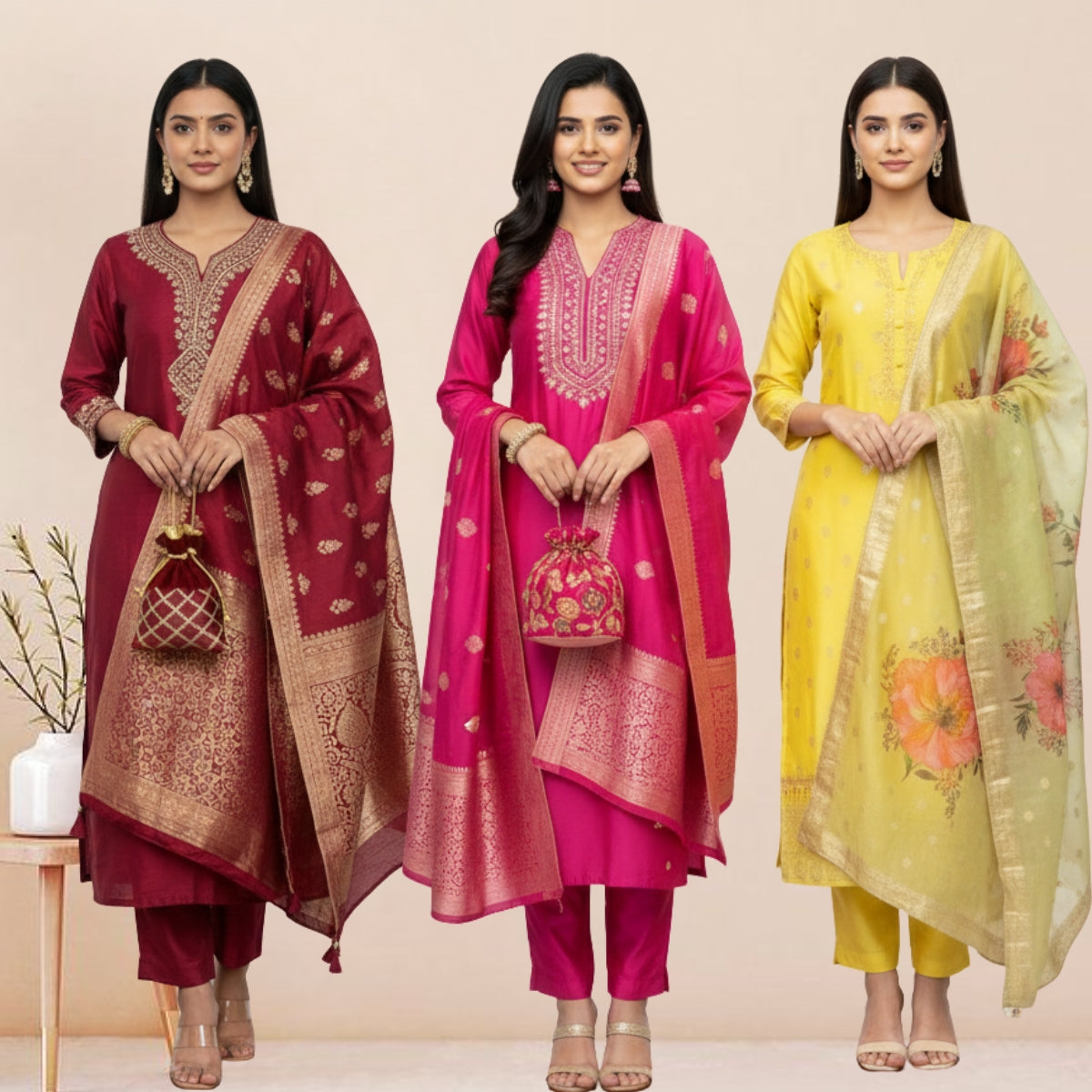 3 Cotton Kurtis with Pant & Dupatta |C-02
