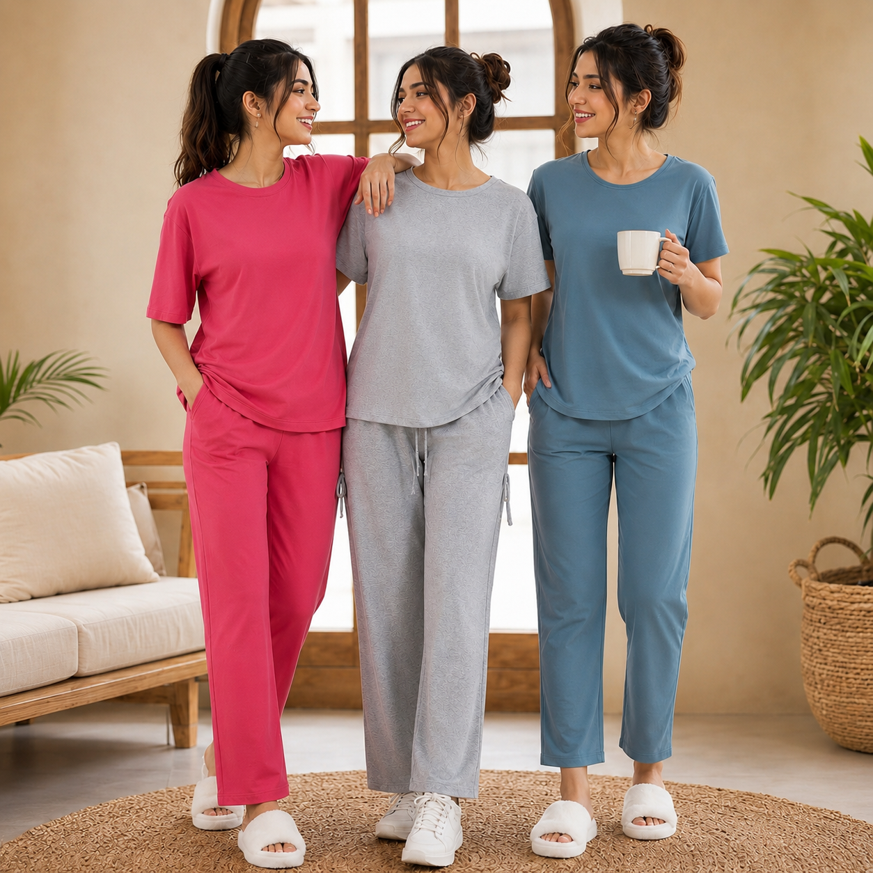 Pack of 3  Women Cotton T-Shirt Trouser Set (T-3)