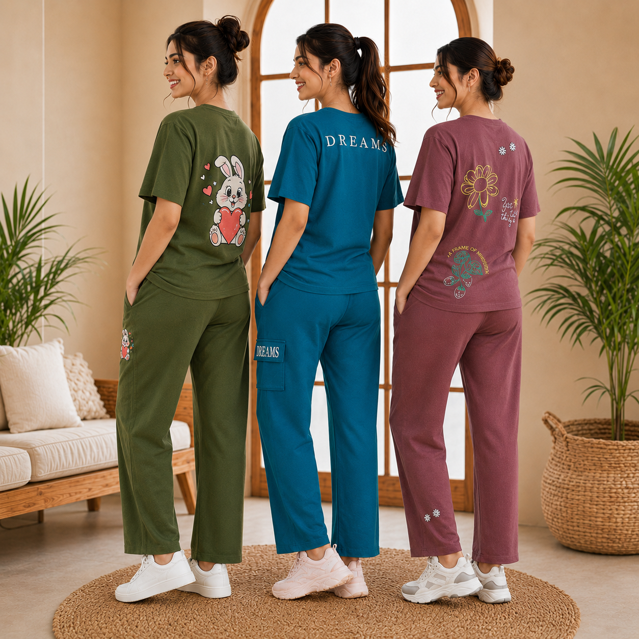 Pack of 3  Women Cotton T-Shirt Trouser Set (T-8)