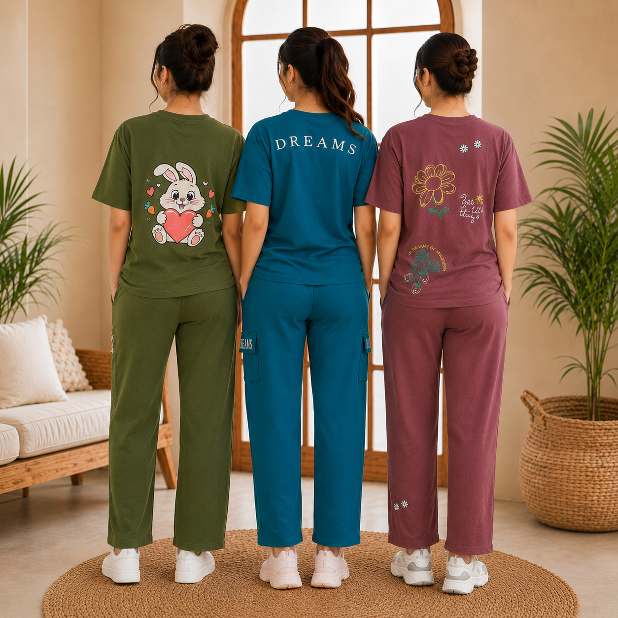 Pack of 3  Women Cotton T-Shirt Trouser Set (T-8)