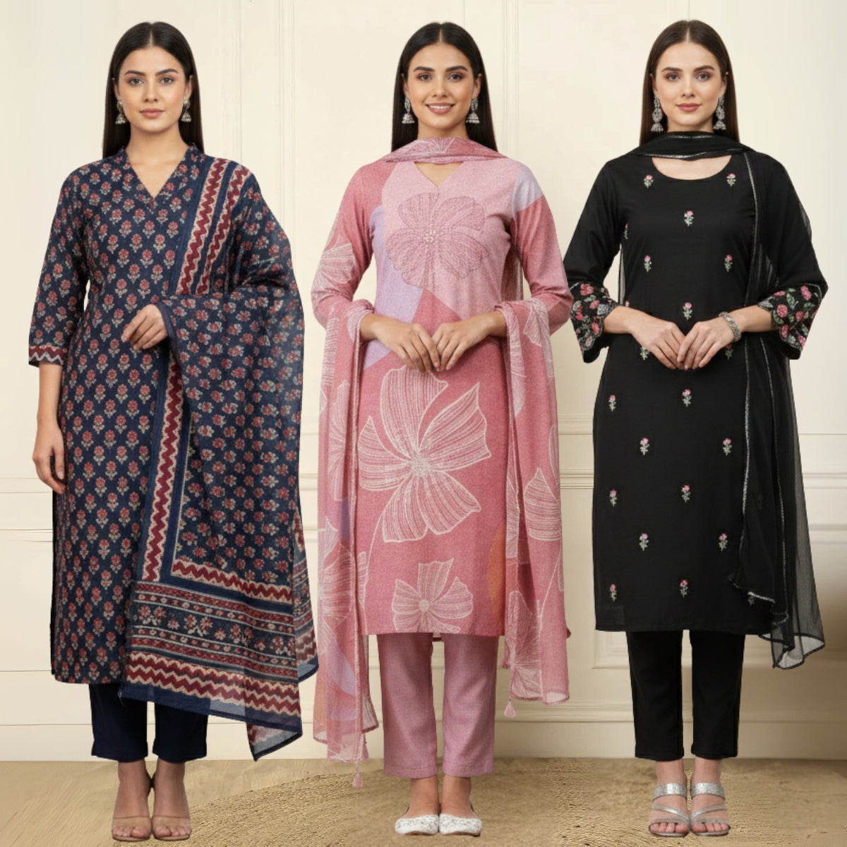3 Cotton Kurtis with Pant & Dupatta |C-04